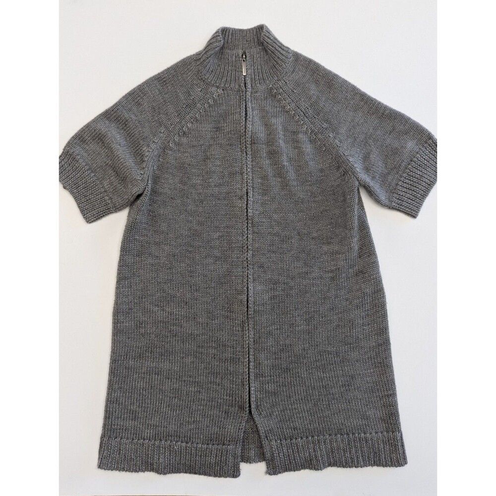 Coldwater Creek Wool Blend Full Zip Short Sleeve Gray Chunky Long Sweater M